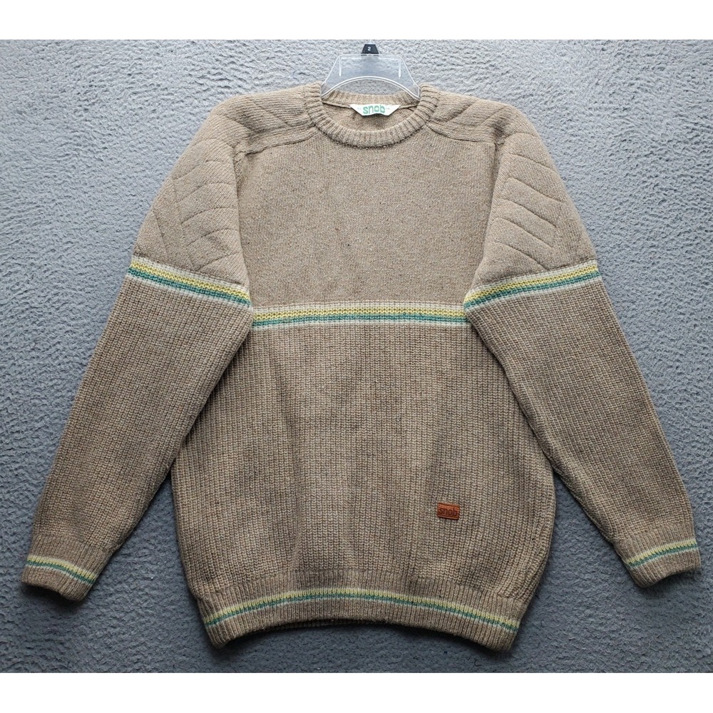 Vtg 80's Snob Sweater Mens L Multi Wool Knit Long Sleeve Elbow Patch Crew Neck
